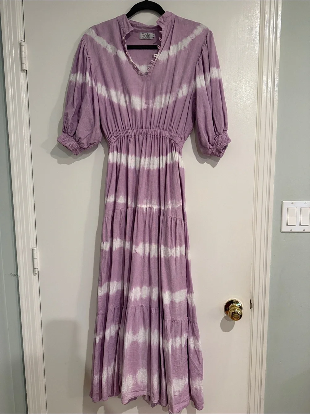 Lavender & White Tie-Dye Maxi Dress with Elastic Waist